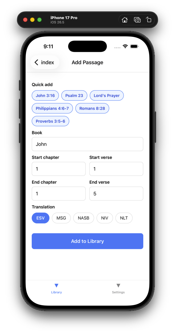 Add Passage screen with quick-add buttons and translation options