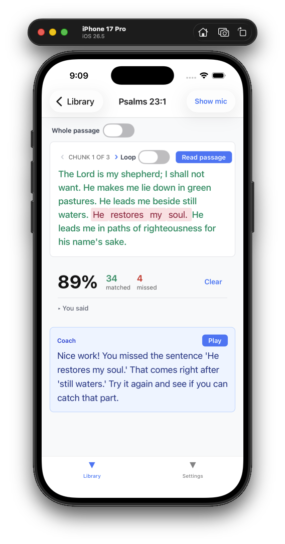 Practice session showing a word-by-word diff, accuracy score, and coach feedback