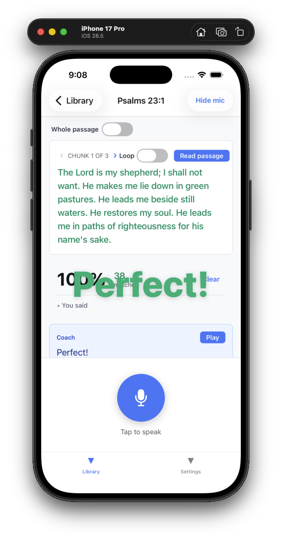 Practice session showing a perfect 100 percent recitation